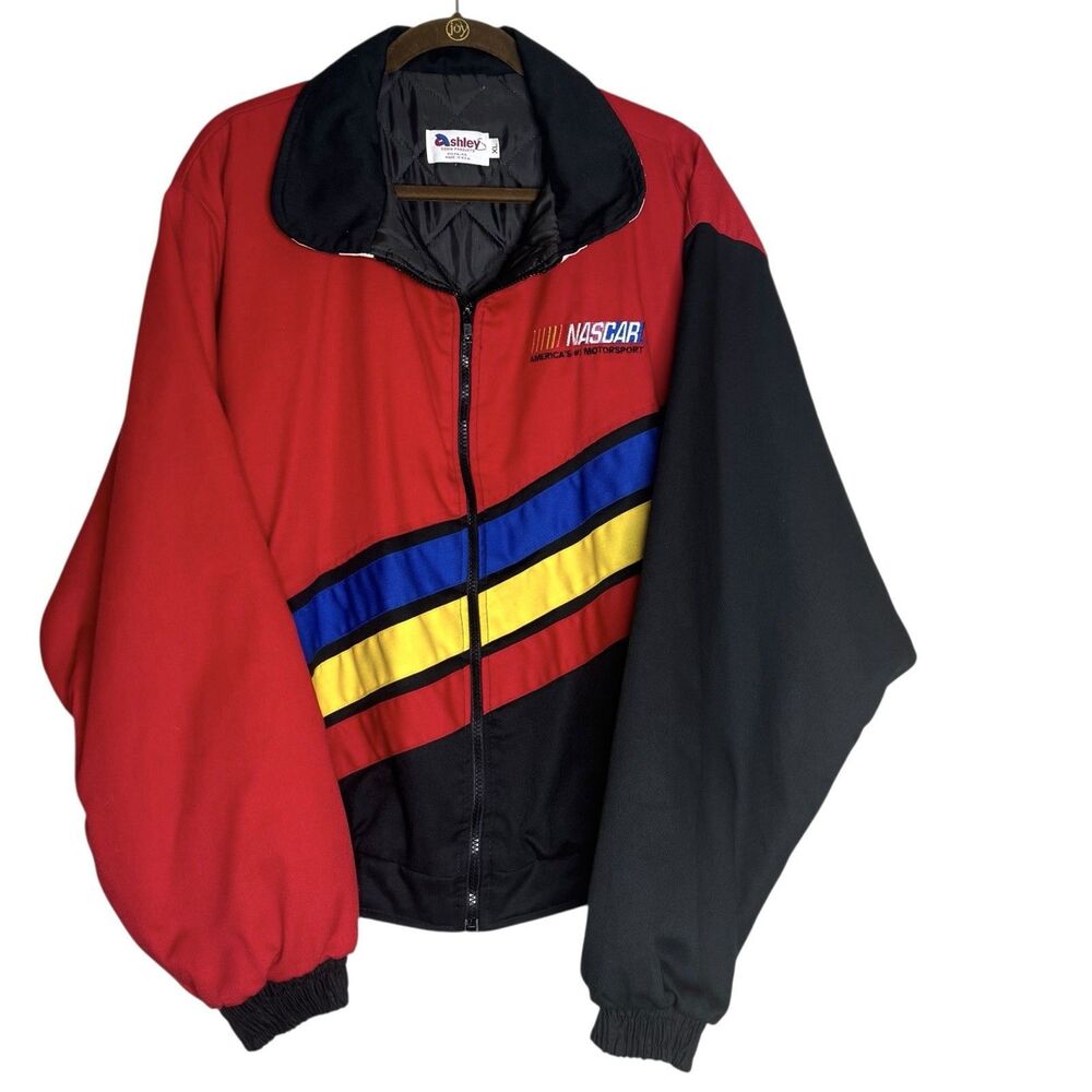 Vintage 90s NASCAR Color Block Jacket Red Black Blue Yellow Full Zip Mens XL